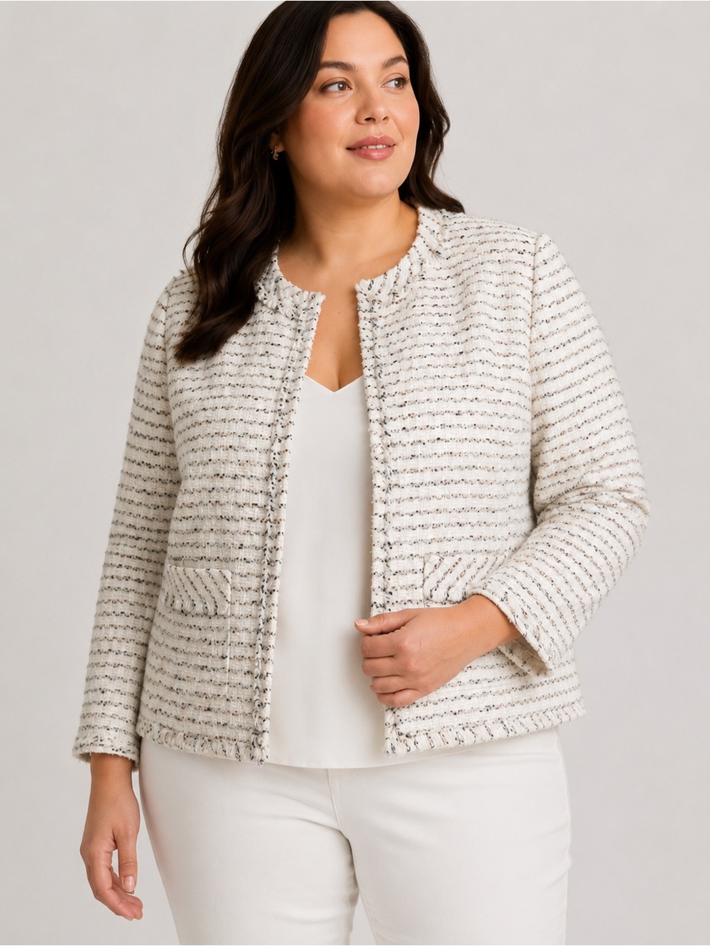 Lafayette 148 New York Kennedy Ivory Tweed Open-Front Blazer Jacket Plus Size 3X